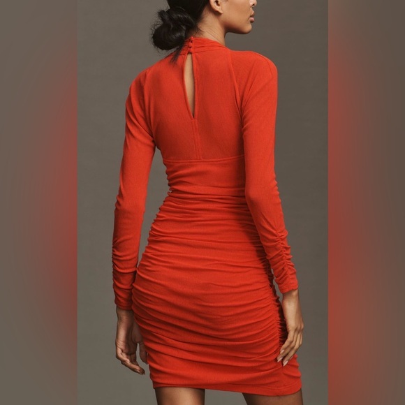 Anthropologie Deep V-Neck Ruched Mesh Mini Dress - Picture 4 of 12